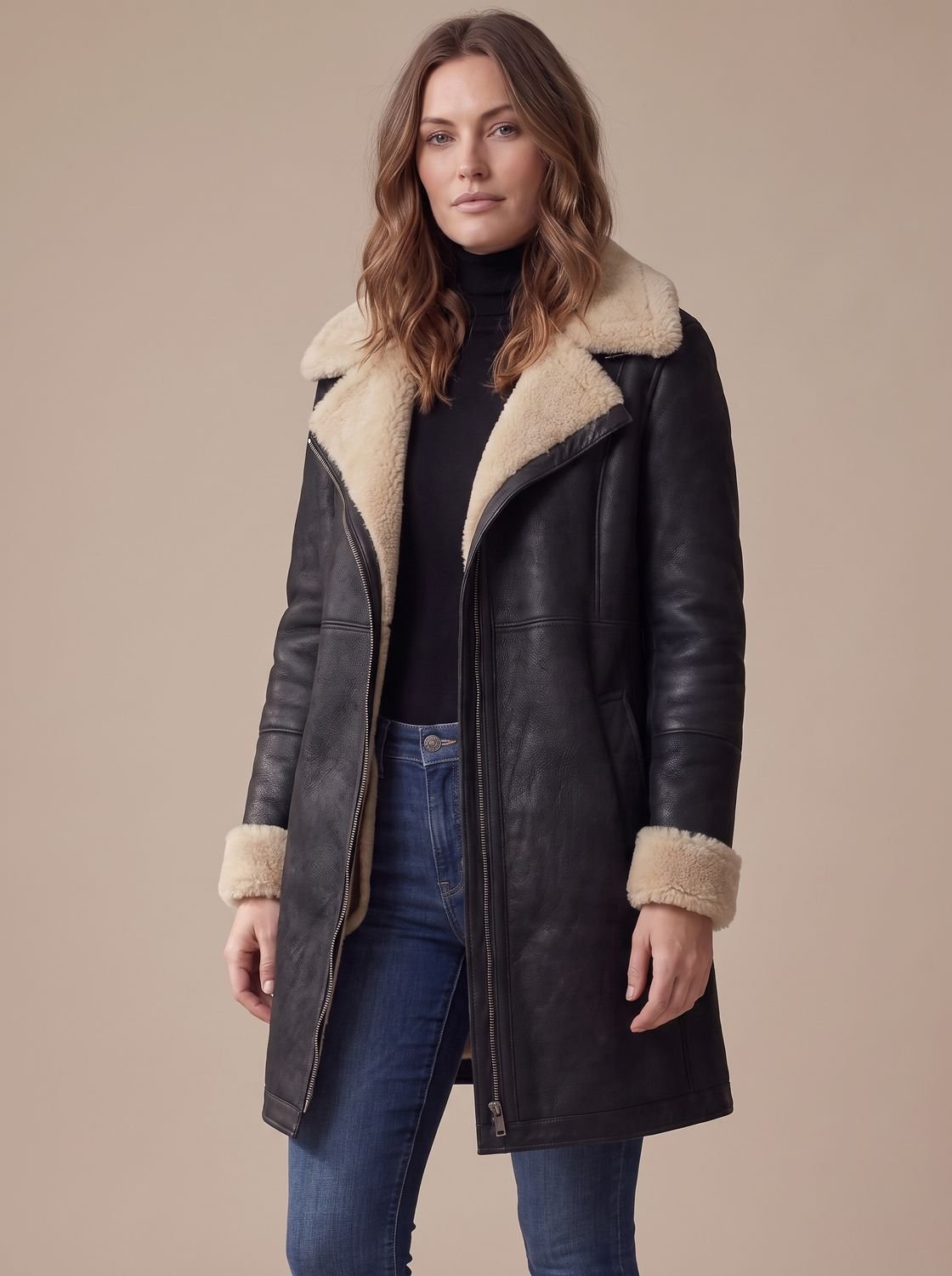 Grace | Women's Faux Suede Zip-Up Coat Shearling Collar Trim