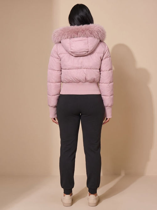 Amelia | Women's Fitted Faux Fur Hood Cropped Puffer Jacket