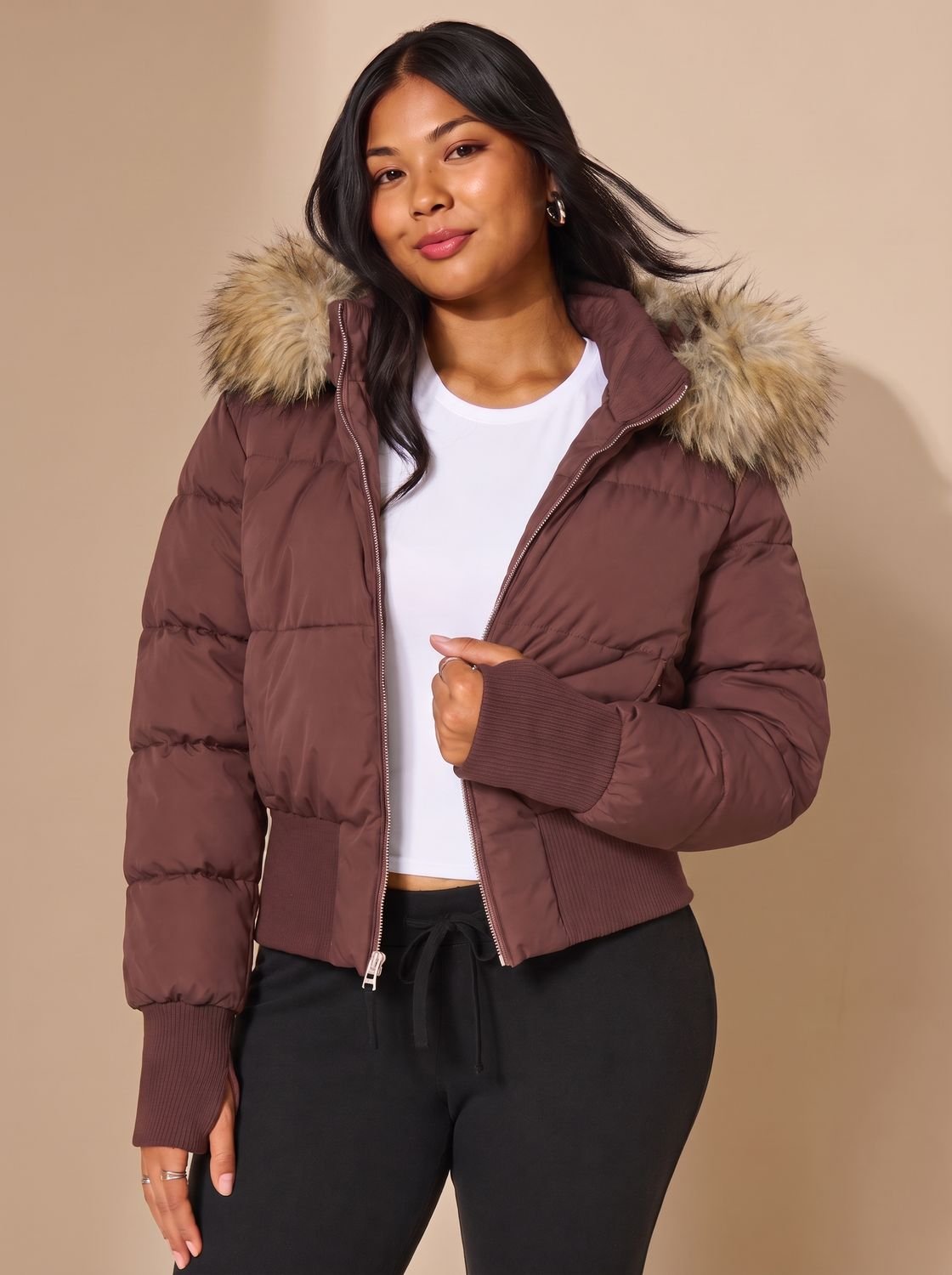 Amelia | Women's Fitted Faux Fur Hood Cropped Puffer Jacket