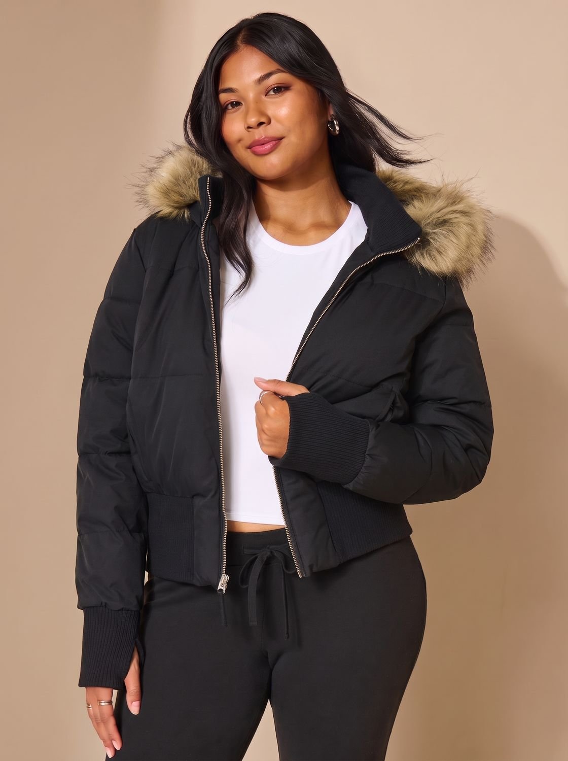 Amelia | Women's Fitted Faux Fur Hood Cropped Puffer Jacket