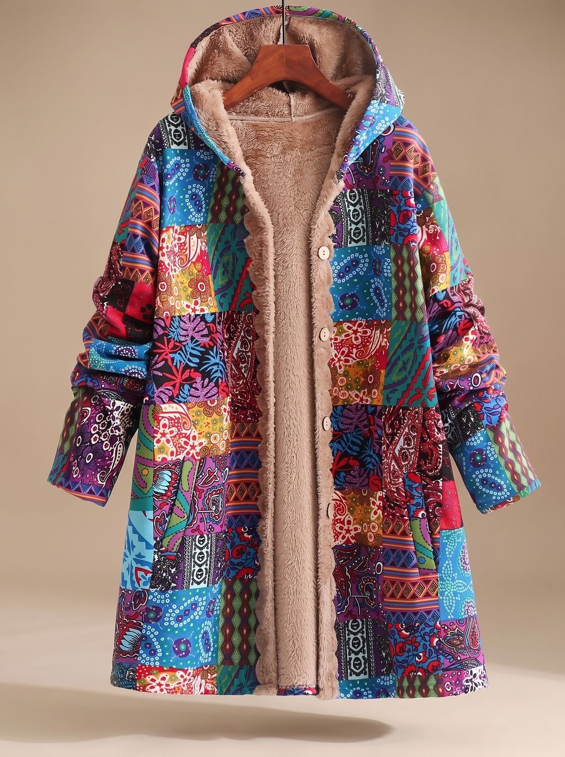 Madison | Women's Fleece-Lined Hooded Boho Patchwork Comfortable Jacket