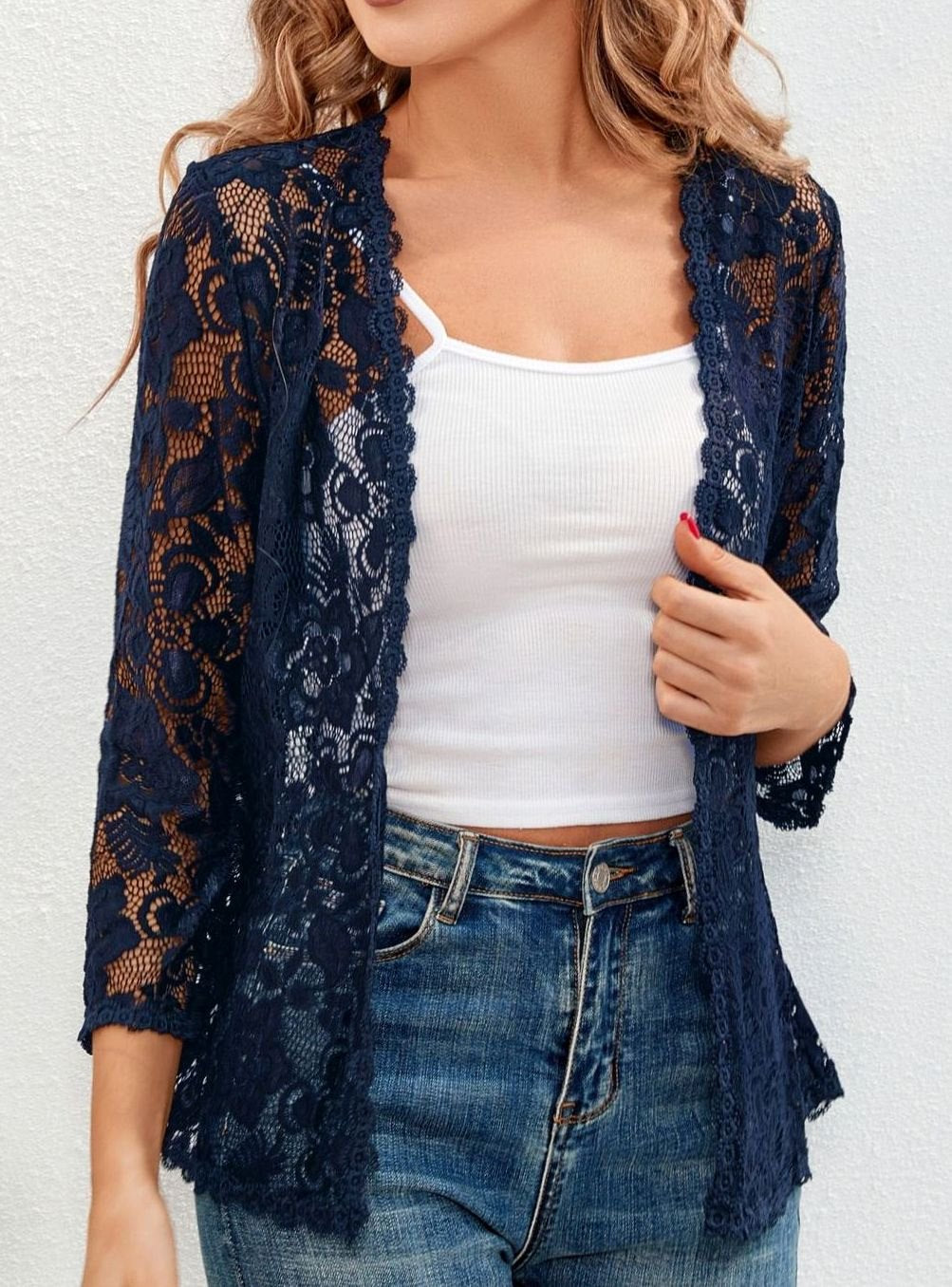 Scarlett | Women's Floral Lace Open-Front Three-Quarter Sleeve Cardigan