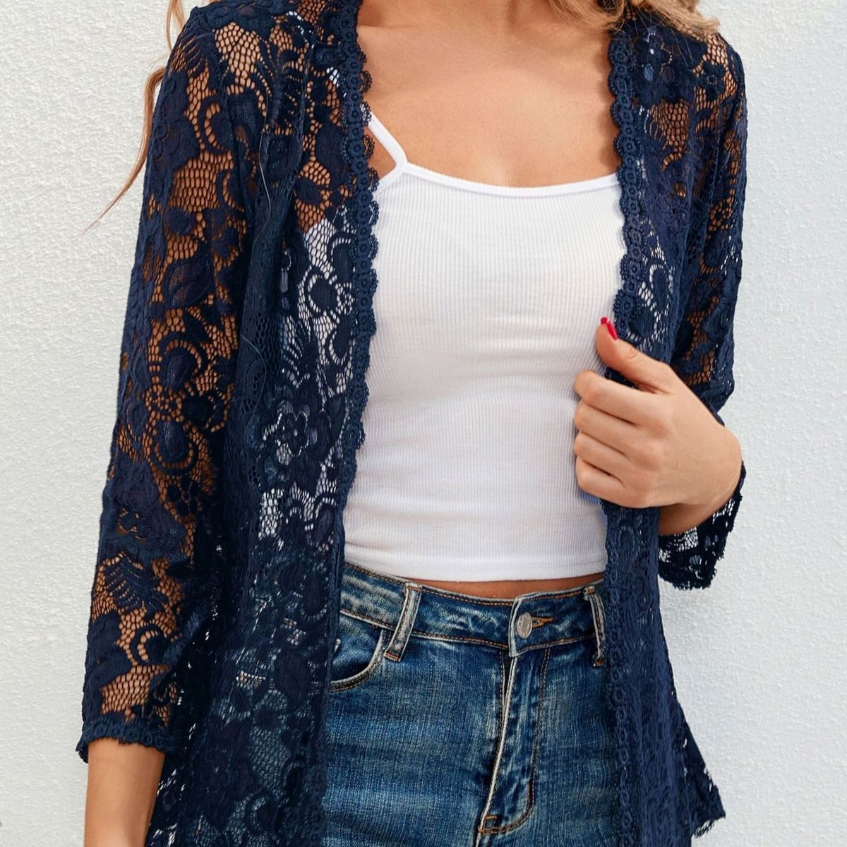 Scarlett | Women's Floral Lace Open-Front Three-Quarter Sleeve Cardigan