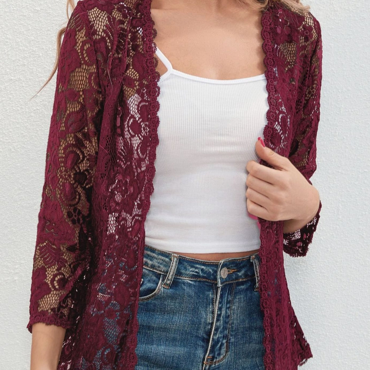 Scarlett | Women's Floral Lace Open-Front Three-Quarter Sleeve Cardigan