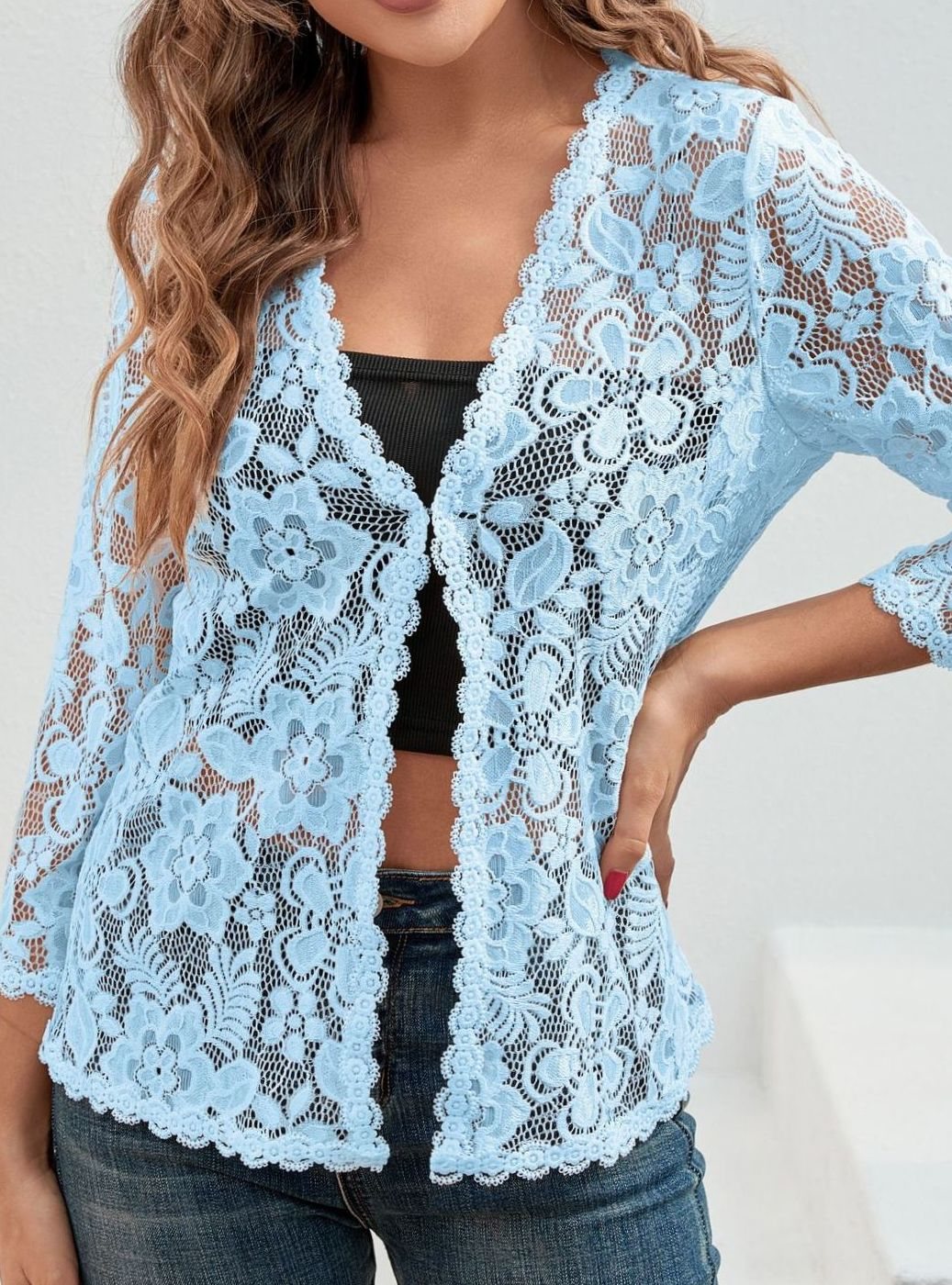 Scarlett | Women's Floral Lace Open-Front Three-Quarter Sleeve Cardigan