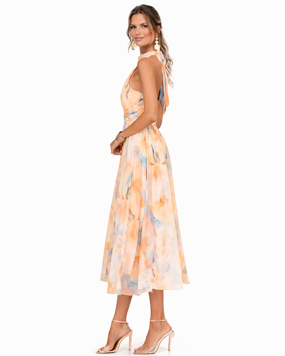 Charlotte | Women's Floral Watercolor Halter Neck Chiffon Midi Dress