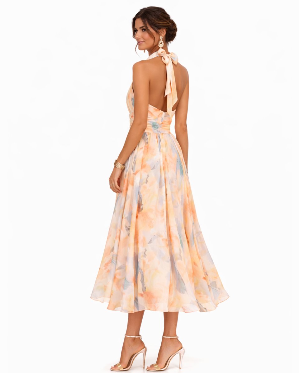 Charlotte | Women's Floral Watercolor Halter Neck Chiffon Midi Dress