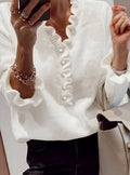 Layla | Women's Frilly Ruffle Blouse Relaxed-Fit Button-Front Knit Top