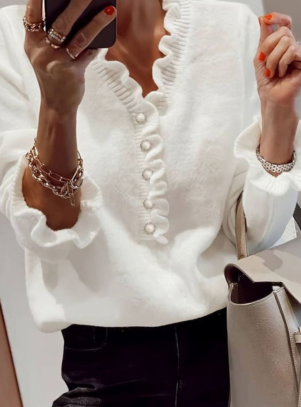 Layla | Women's Frilly Ruffle Blouse Relaxed-Fit Button-Front Knit Top