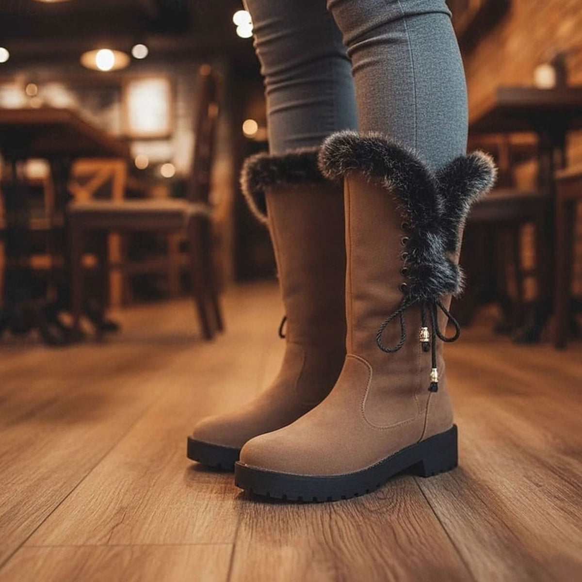Emma | Women's Fur-Trimmed Knee-High Snow Boots Low Block Heel
