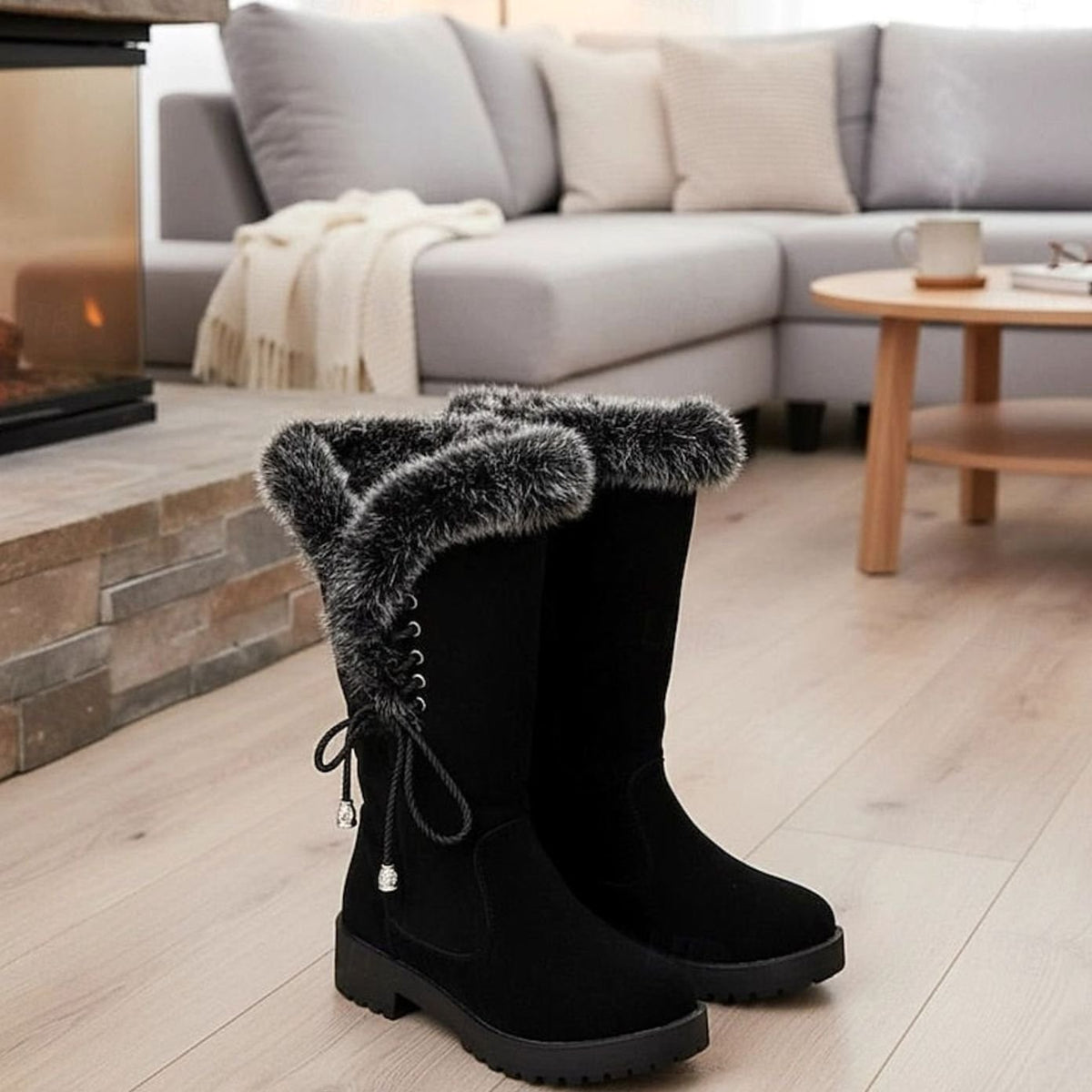 Emma | Women's Fur-Trimmed Knee-High Snow Boots Low Block Heel