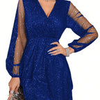 Camila | Women's Glitter V-Neck Sheer-Sleeve Fitted Cocktail Dress