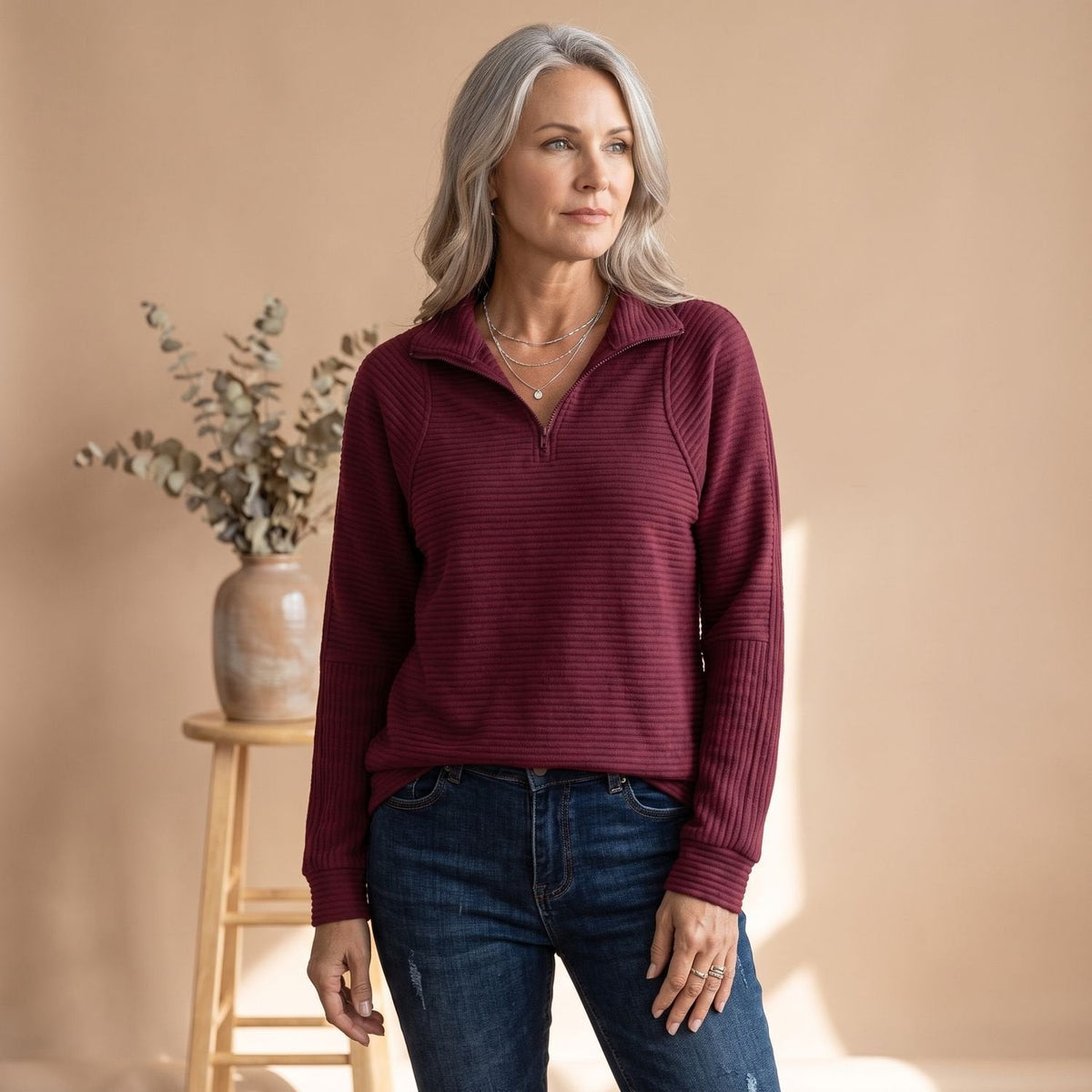 Mia | Women's Half-Zip Pullover Sweater Ribbed Quarter-Zip