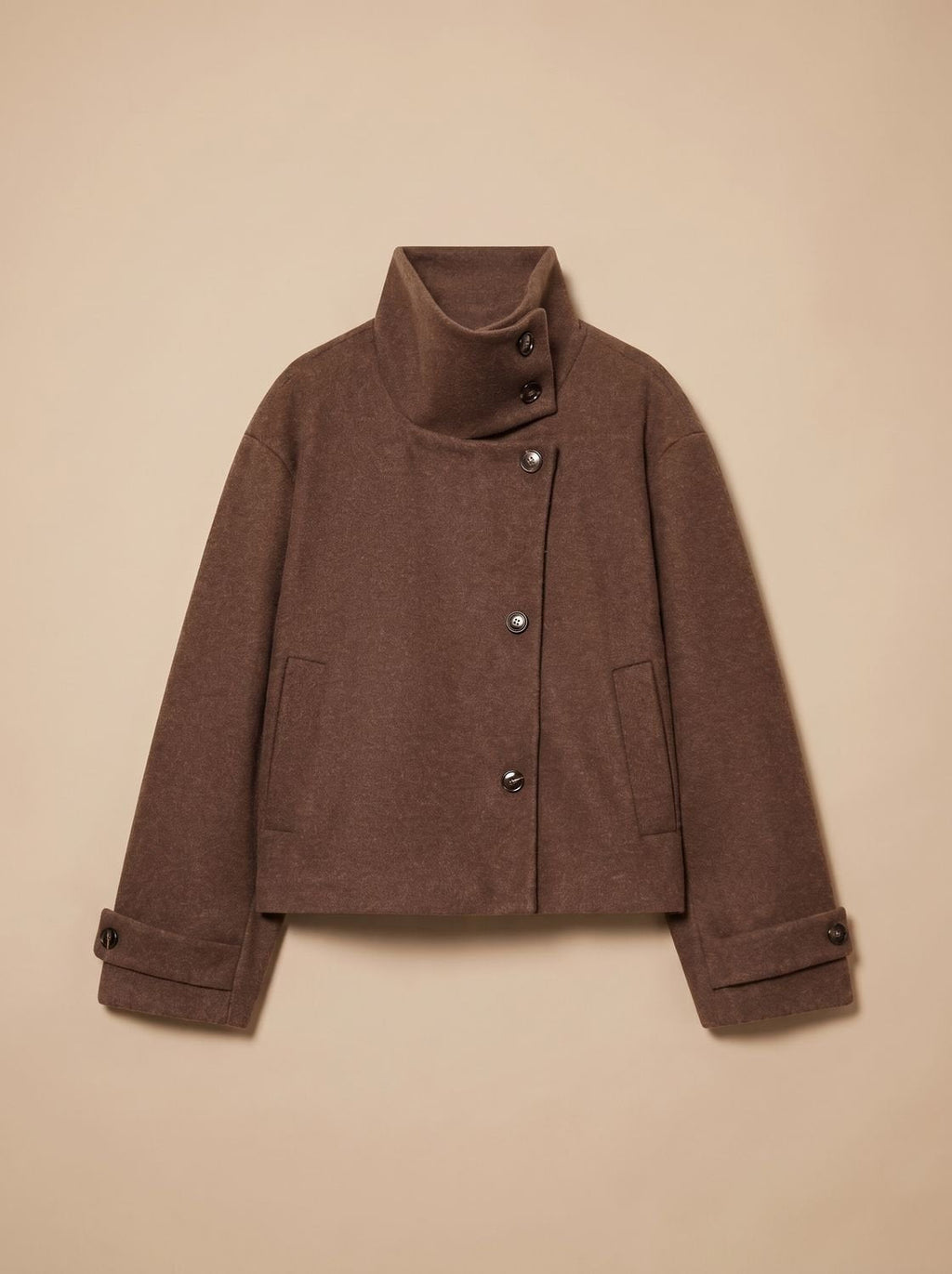 Victoria | Women's High Neck Wool Blend Stand Collar Button-Front Short Coat