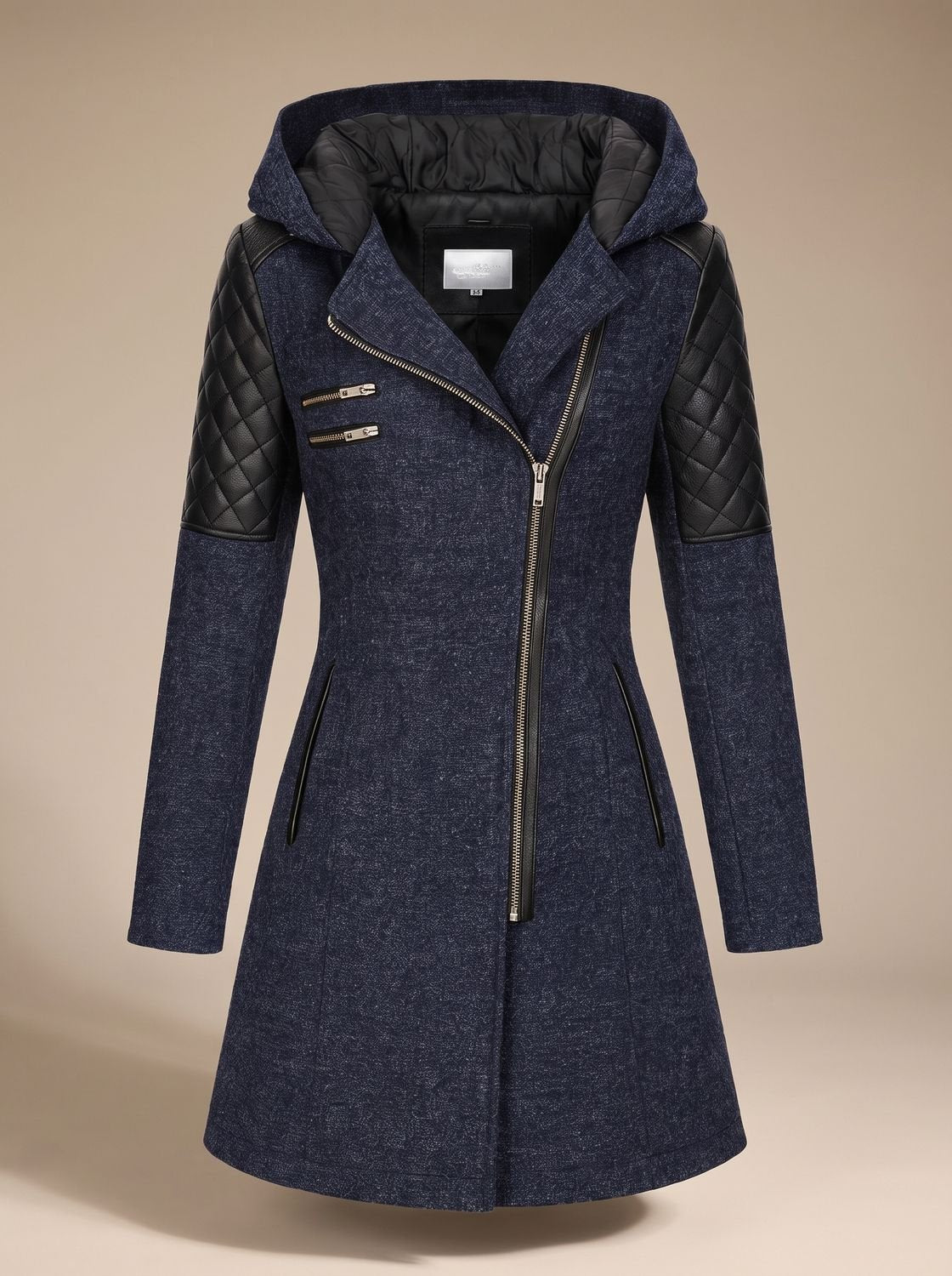 Luna | Women's Hooded Asymmetric-Zip Quilted-Panel Wool-Blend Coat