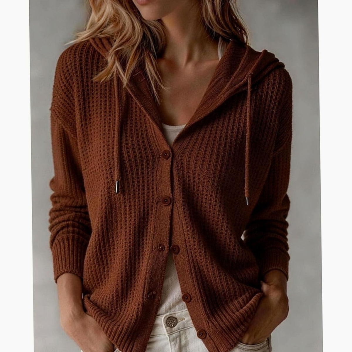 Harper | Women's Hooded Button-Front Waffle-Knit Cardigan