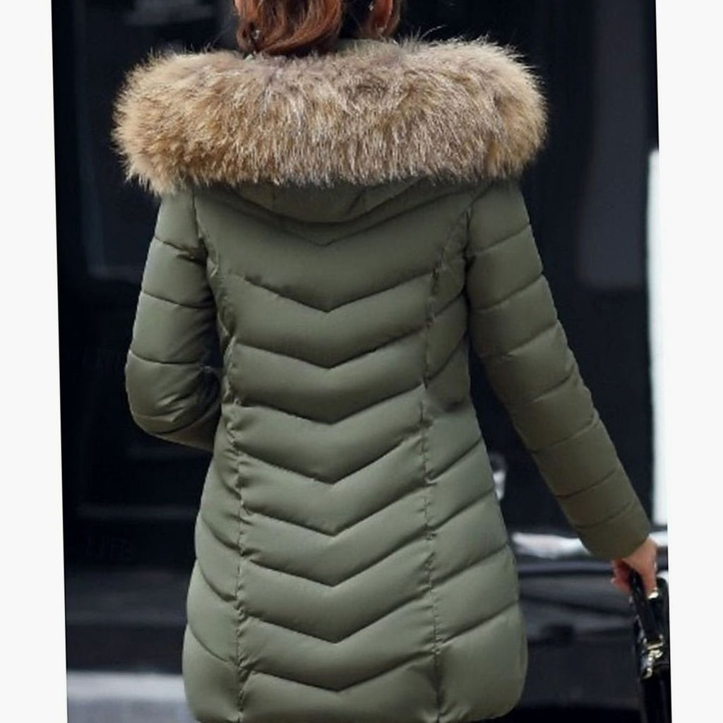 Luna | Women's Hooded Faux-Fur Trim Quilted Jacket Waist-Defining Puffer Coat