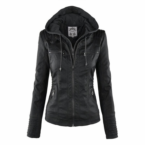 Amelia | Women's Hooded Moto Faux Leather Jacket Removable Hood