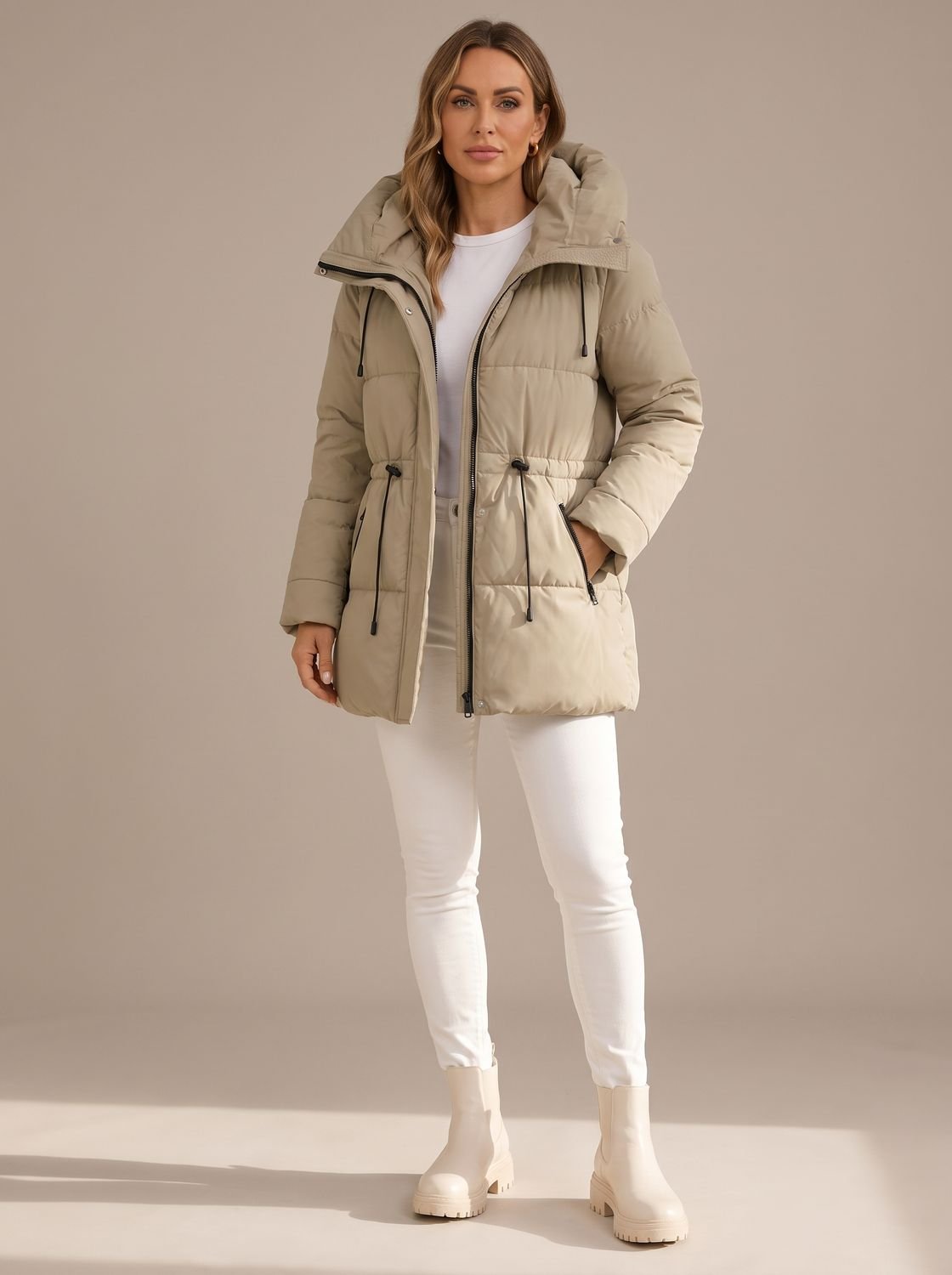 Sophia | Women's Hooded Puffer Jacket Drawstring-Waist Quilted Coat