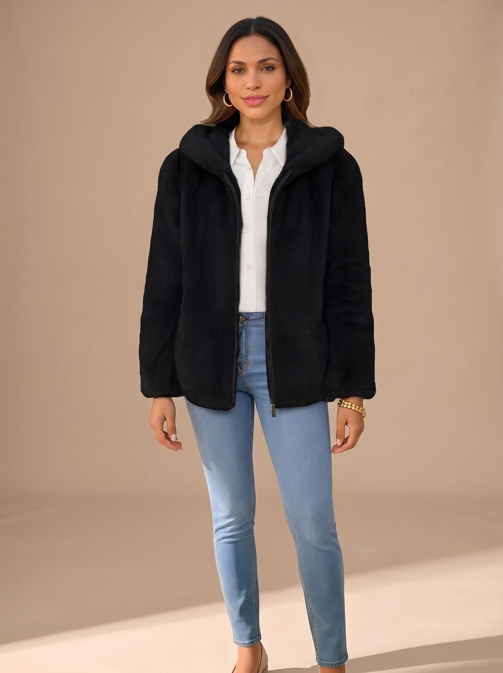 Grace | Women's Hooded Zip-Up Faux Fur Coat Teddy Fleece Jacket