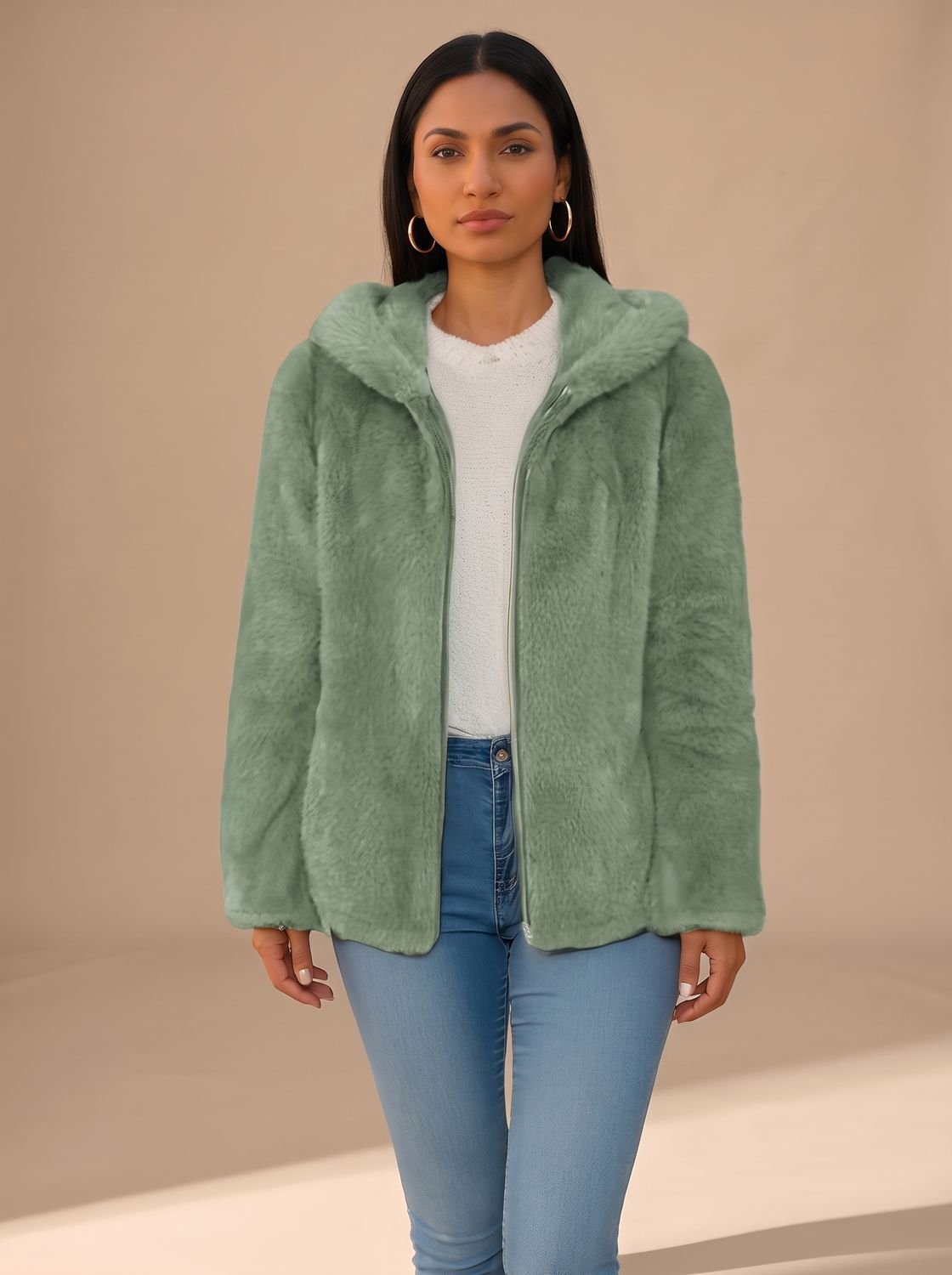 Grace | Women's Hooded Zip-Up Faux Fur Coat Teddy Fleece Jacket