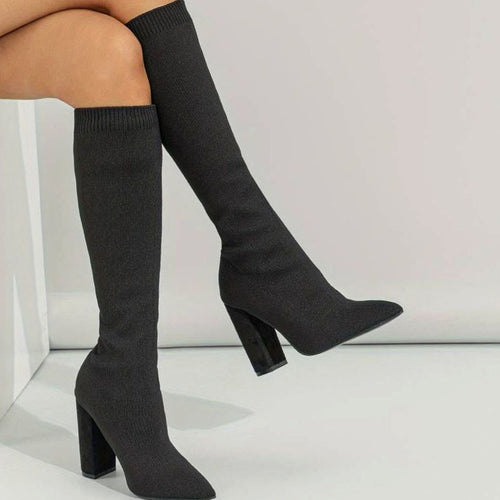 Camila | Women's Knitted Knee-High Sock Boots Block Heel Pointed Toe