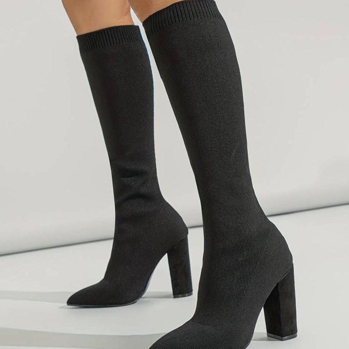 Camila | Women's Knitted Knee-High Sock Boots Block Heel Pointed Toe
