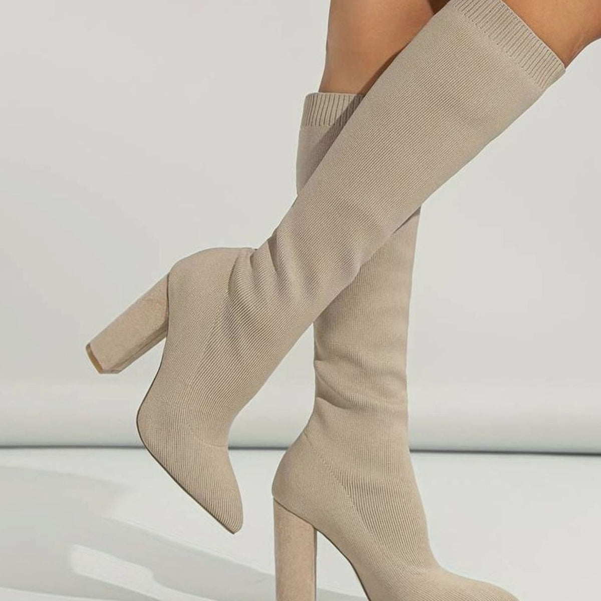 Camila | Women's Knitted Knee-High Sock Boots Block Heel Pointed Toe