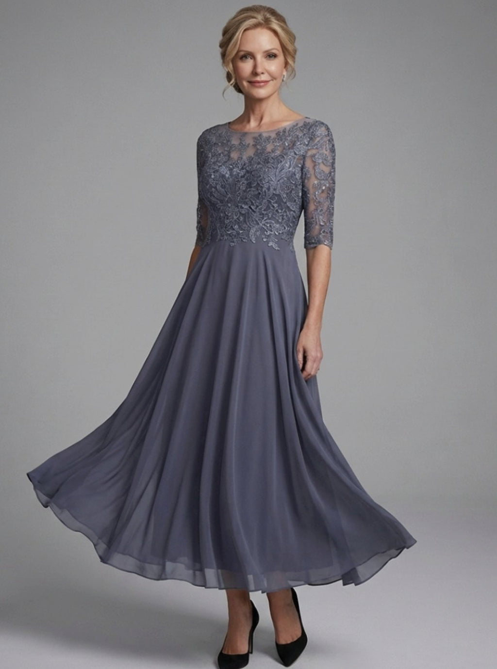 Evelyn | Women's Lace Bodice Sheer Three-Quarter Sleeve Midi Dress