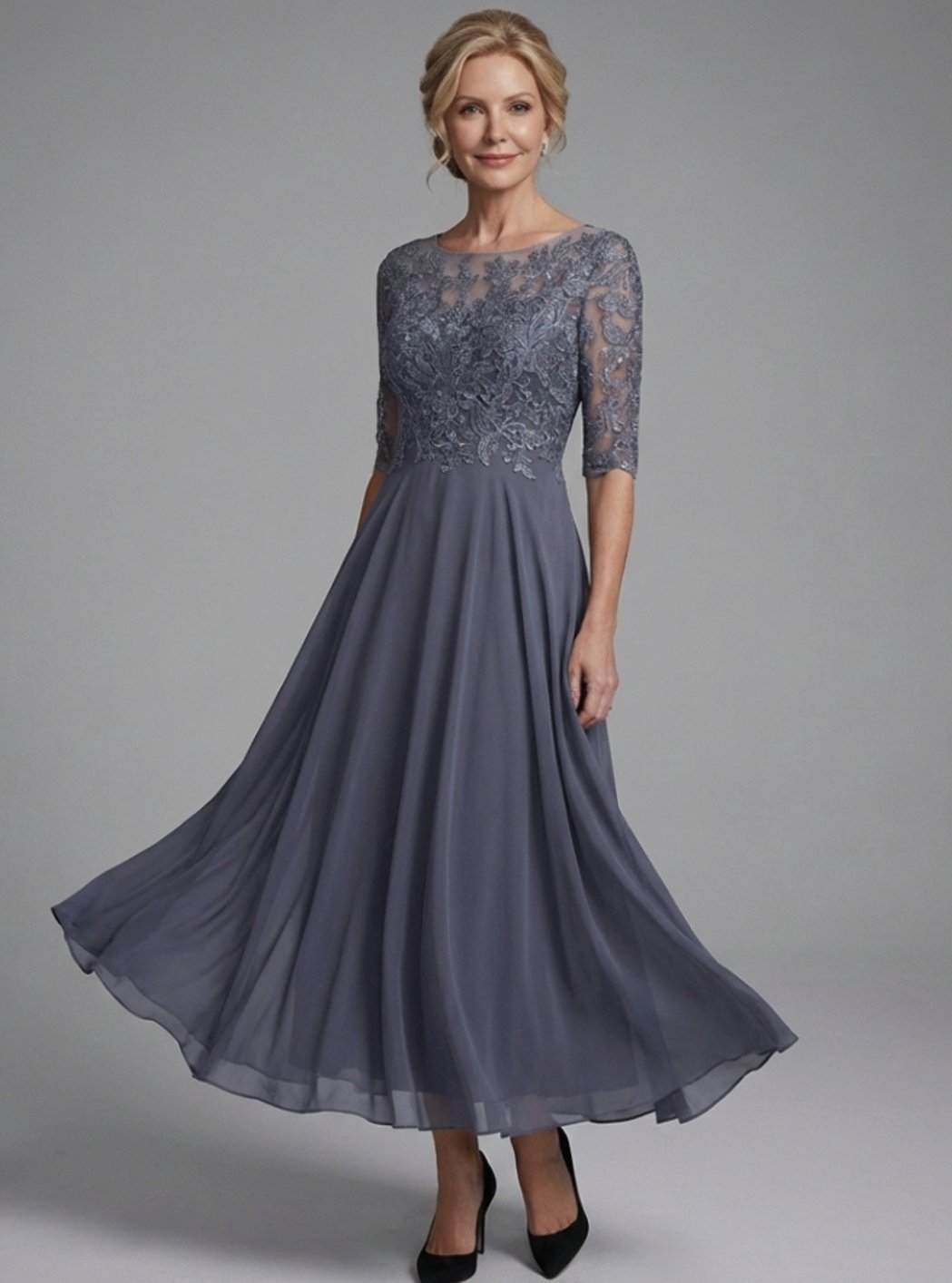 Evelyn | Women's Lace Bodice Sheer Three-Quarter Sleeve Midi Dress