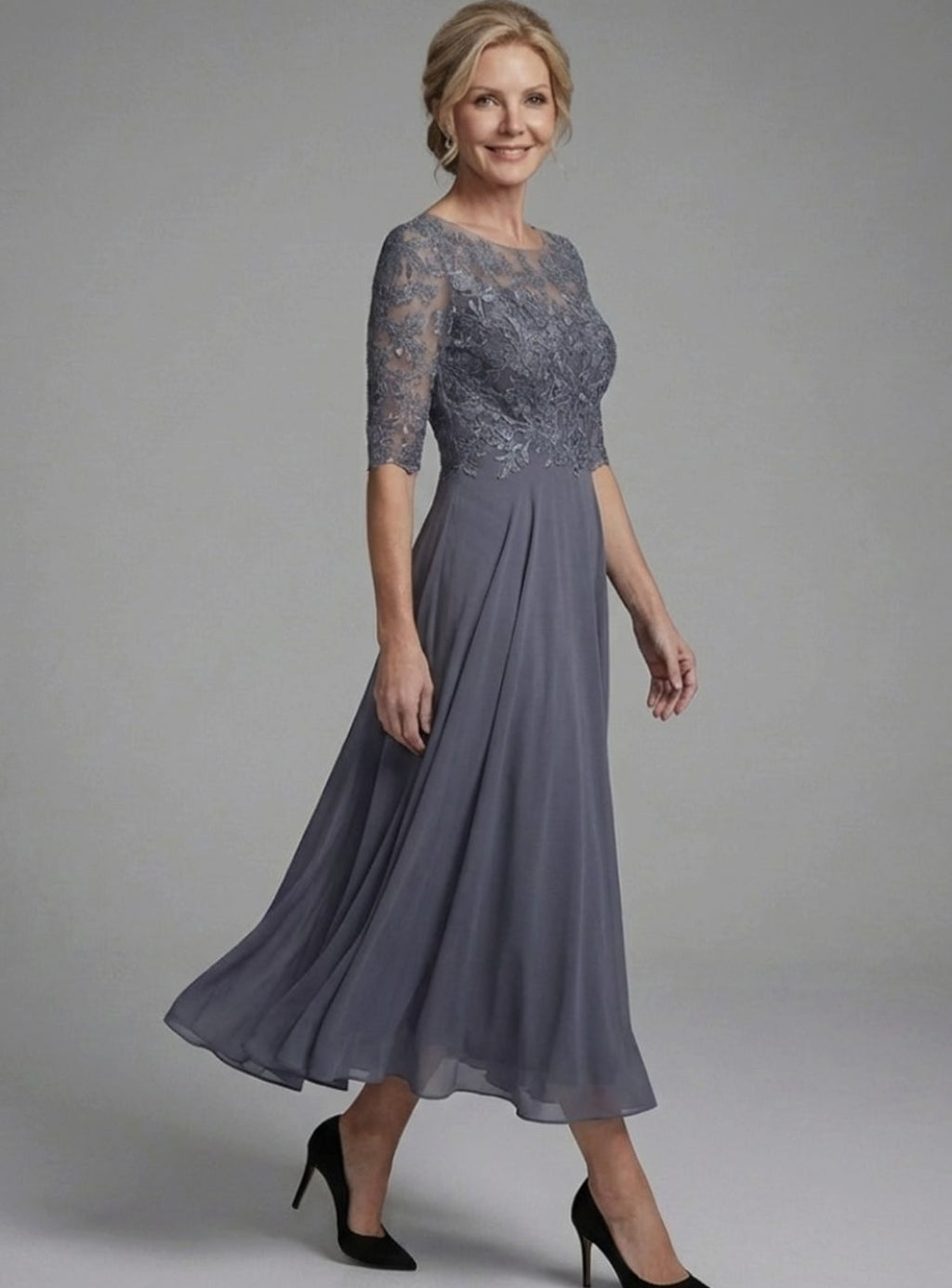 Evelyn | Women's Lace Bodice Sheer Three-Quarter Sleeve Midi Dress
