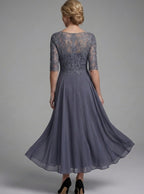 Evelyn | Women's Lace Bodice Sheer Three-Quarter Sleeve Midi Dress