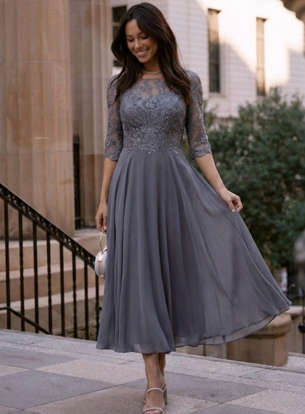 Evelyn | Women's Lace Bodice Sheer Three-Quarter Sleeve Midi Dress