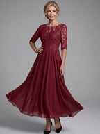 Evelyn | Women's Lace Bodice Sheer Three-Quarter Sleeve Midi Dress