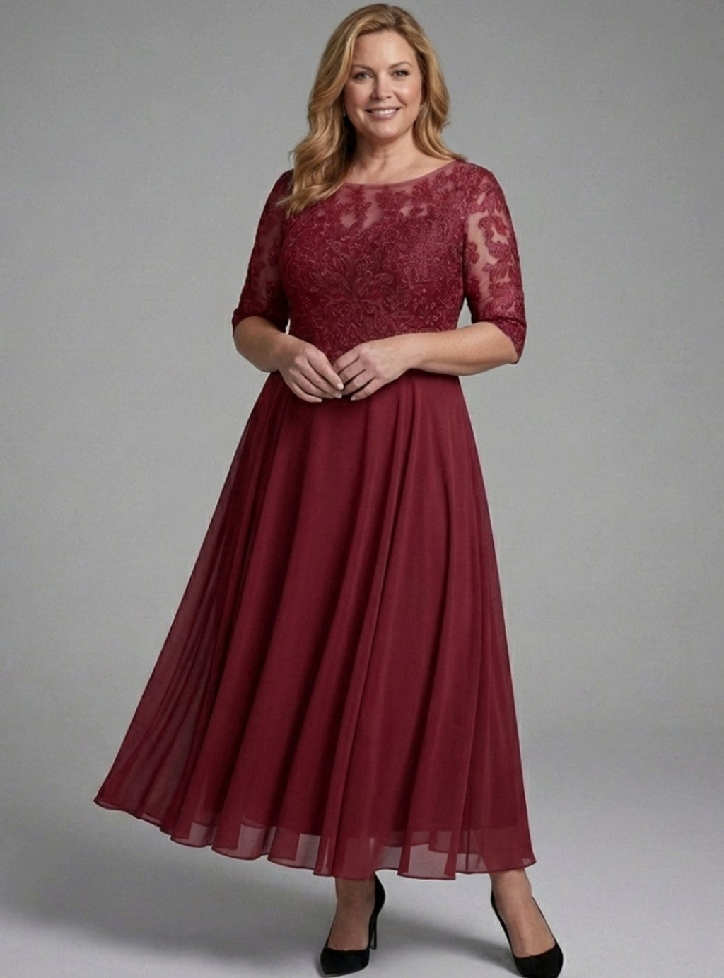 Evelyn | Women's Lace Bodice Sheer Three-Quarter Sleeve Midi Dress