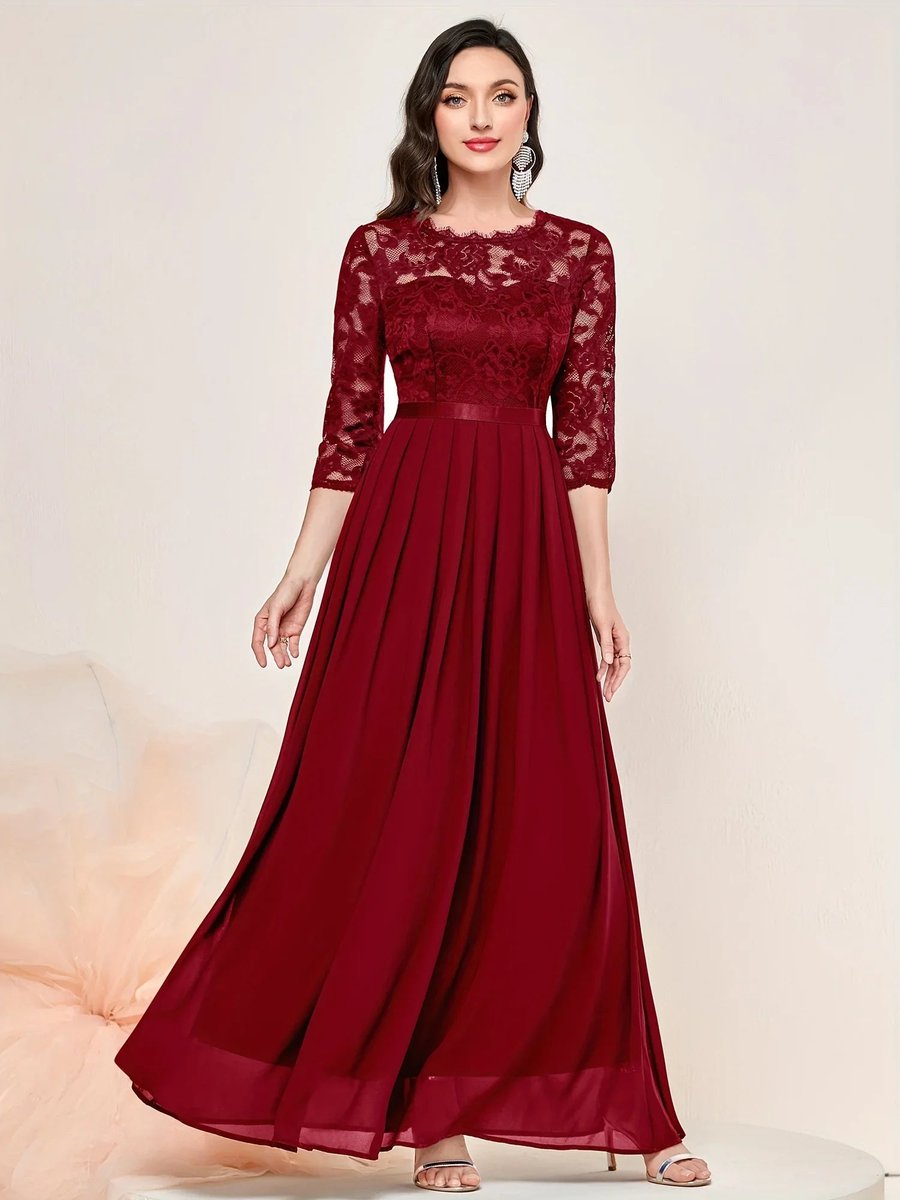 Charlotte | Women's Lace Bodice Three-Quarter Sleeve Maxi Formal Dresses