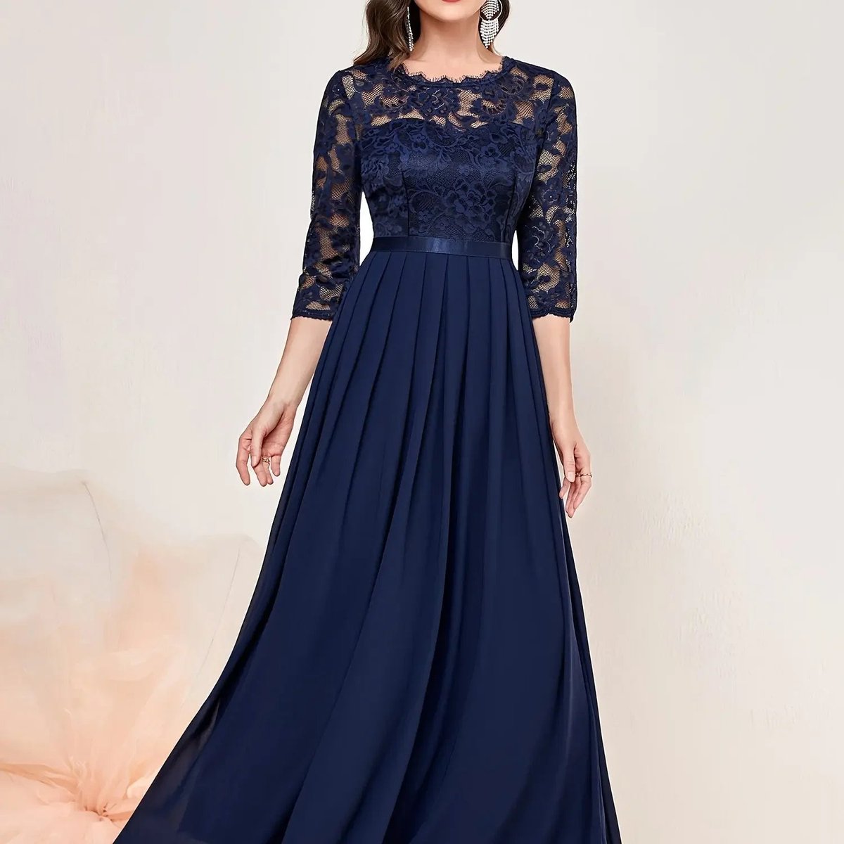 Charlotte | Women's Lace Bodice Three-Quarter Sleeve Maxi Formal Dresses