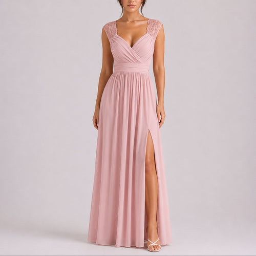 Camila | Women's Lace Shoulder Wrap-Bodice Side-Slit Fall Wedding Guest Dresses