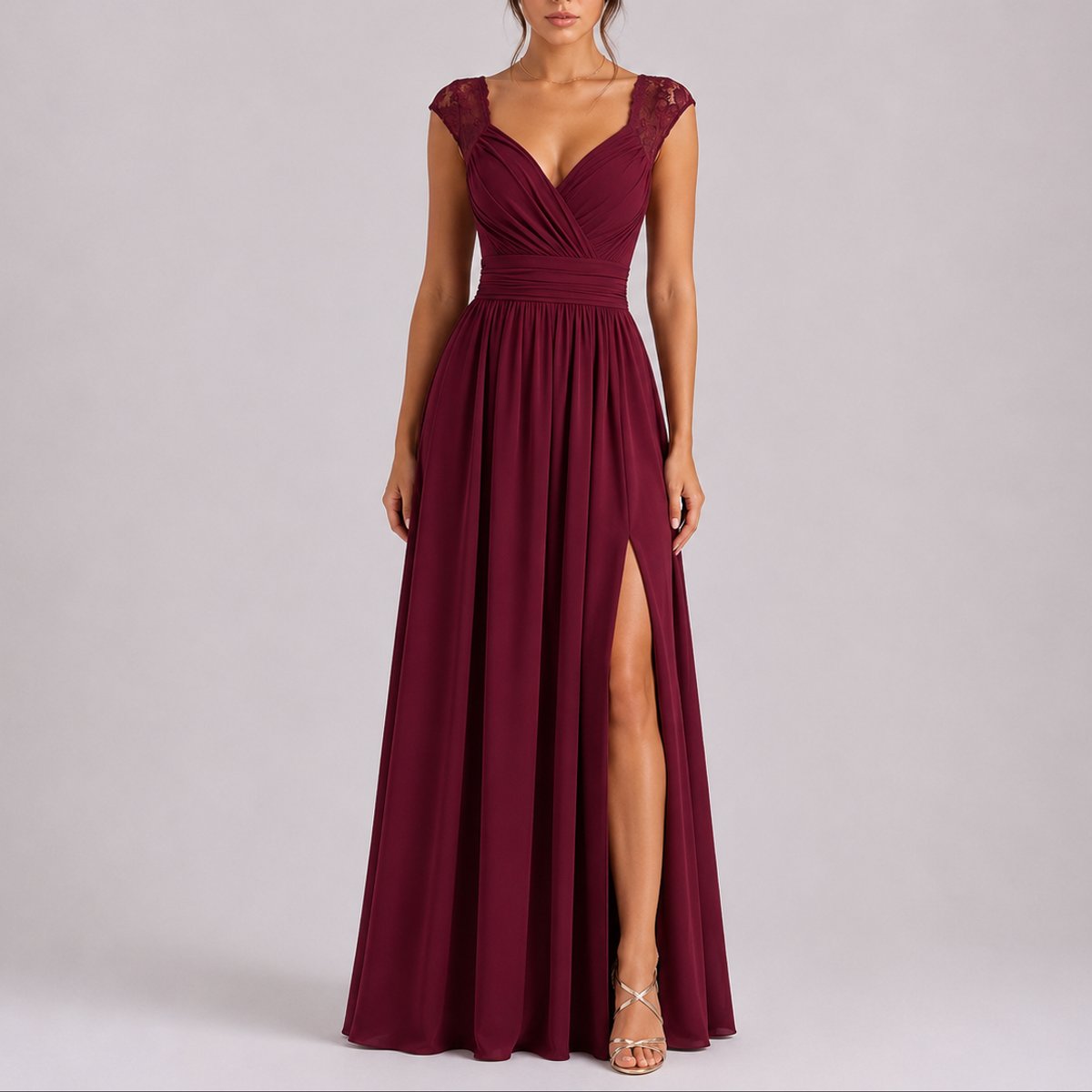 Camila | Women's Lace Shoulder Wrap-Bodice Side-Slit Fall Wedding Guest Dresses