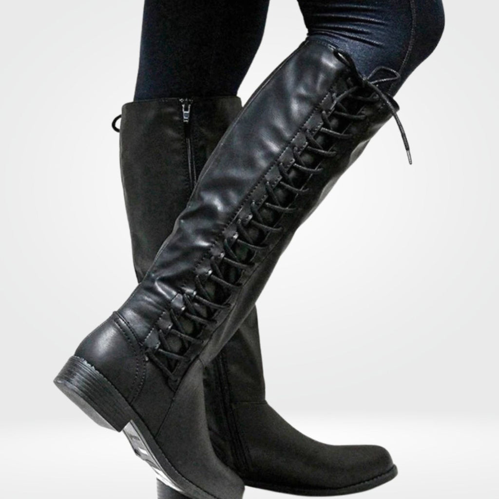 Layla | Women's Lace-Up Back Knee High Boots Low Block Heel