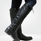 Layla | Women's Lace-Up Back Knee High Boots Low Block Heel