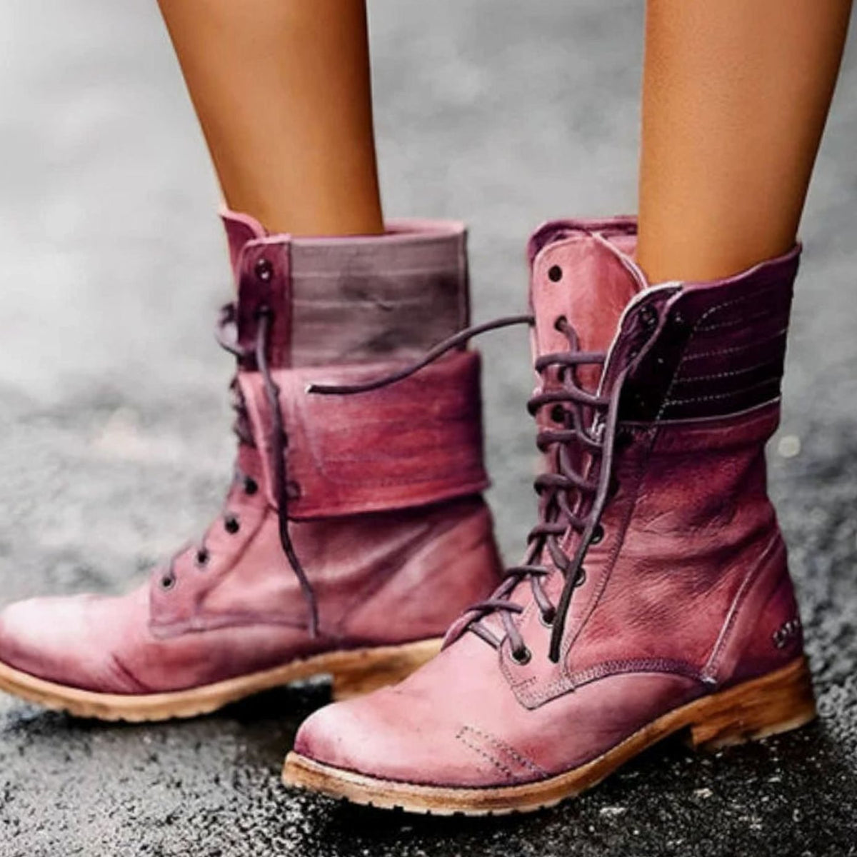 Scarlett | Women's Lace-Up Mid-Calf Combat Boots Distressed Foldover