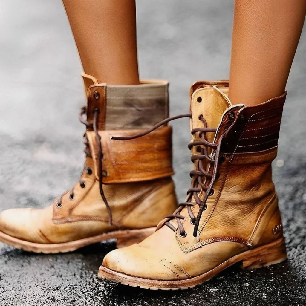 Scarlett | Women's Lace-Up Mid-Calf Combat Boots Distressed Foldover