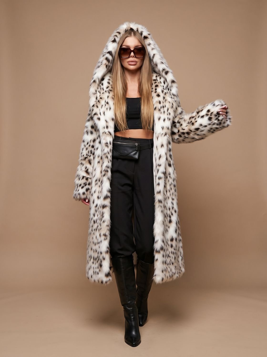 Eleanor | Women's Leopard Print Belted Faux Fur Coat Maxi Length