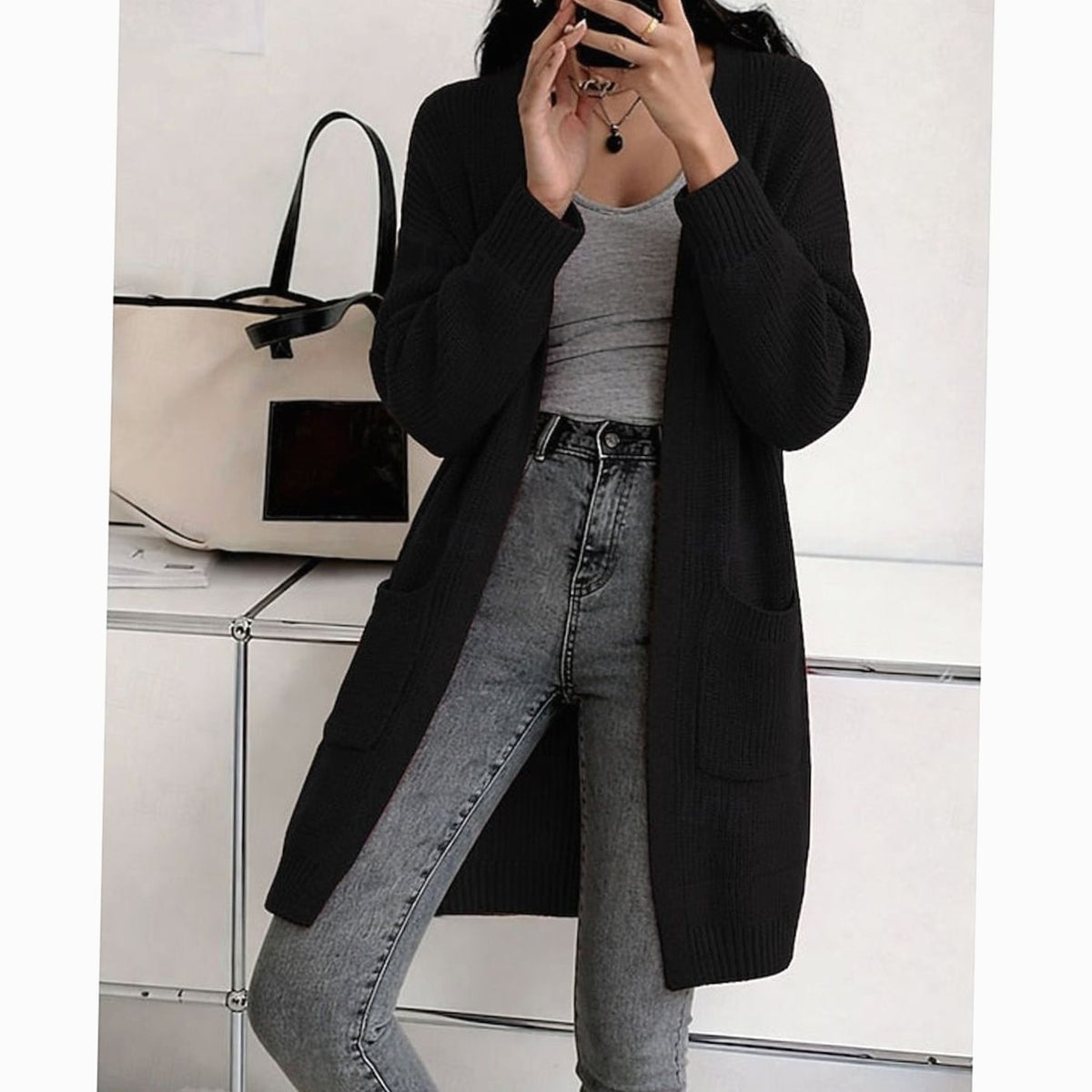 Madison | Women's Longline Open-Front Ribbed Knit Cardigan