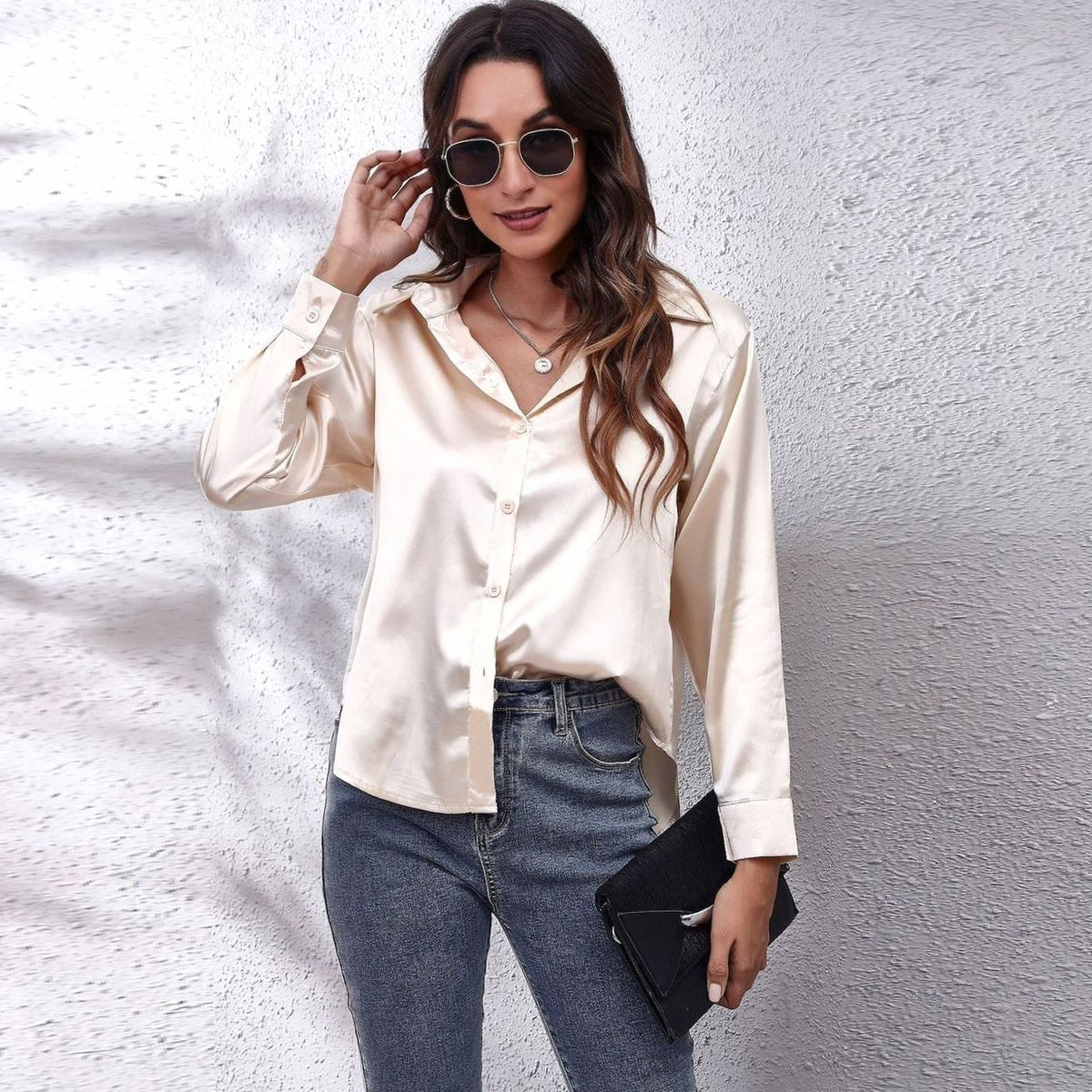 Sophia | Women's Loose-Fit Button-Down Long-Sleeve Satin Blouses