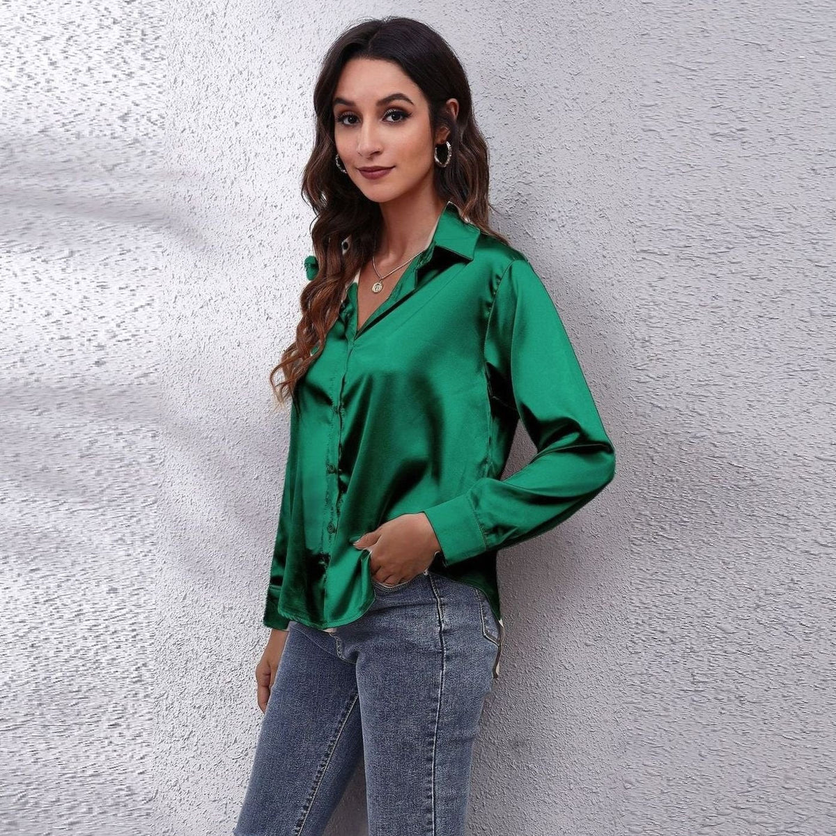 Sophia | Women's Loose-Fit Button-Down Long-Sleeve Satin Blouses