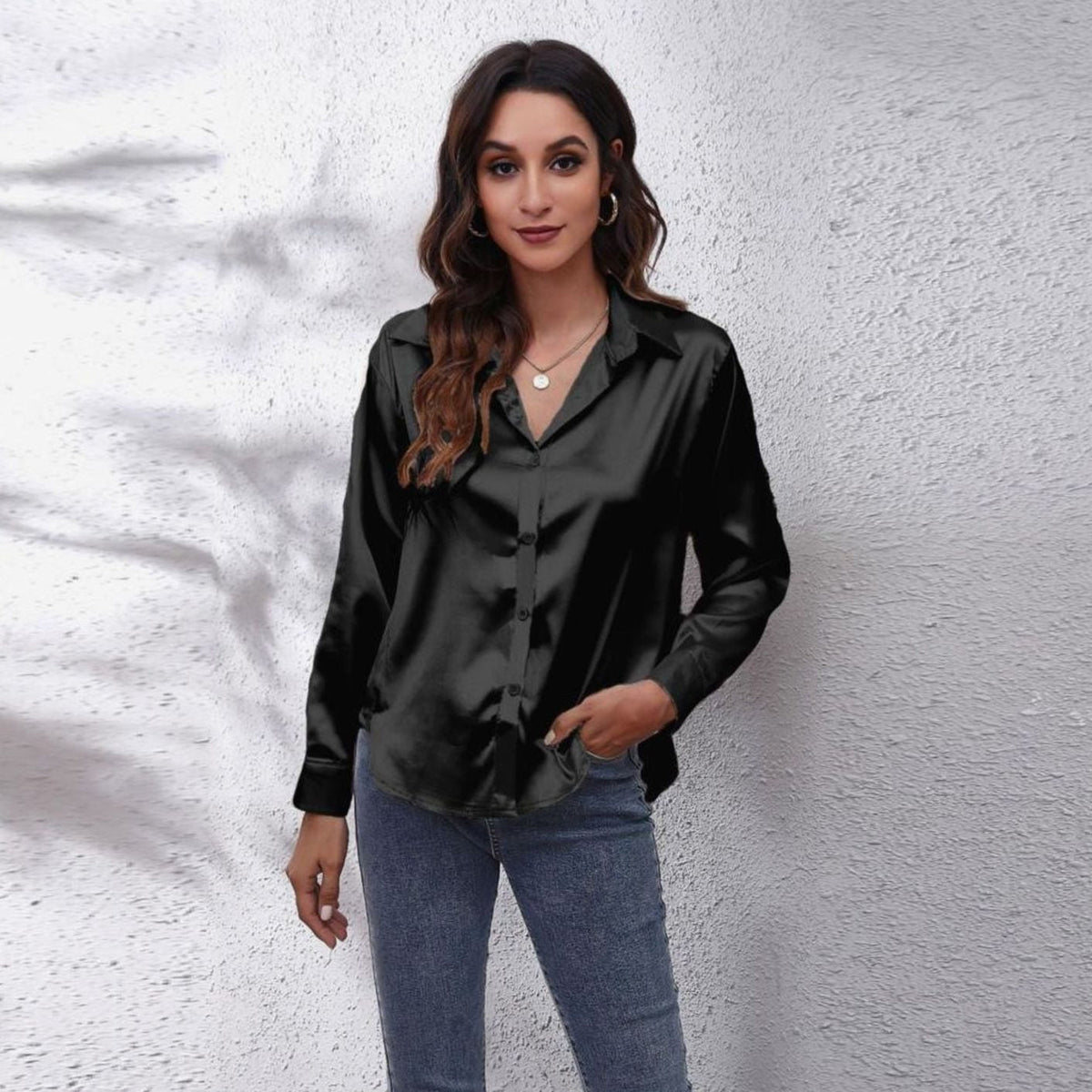 Sophia | Women's Loose-Fit Button-Down Long-Sleeve Satin Blouses