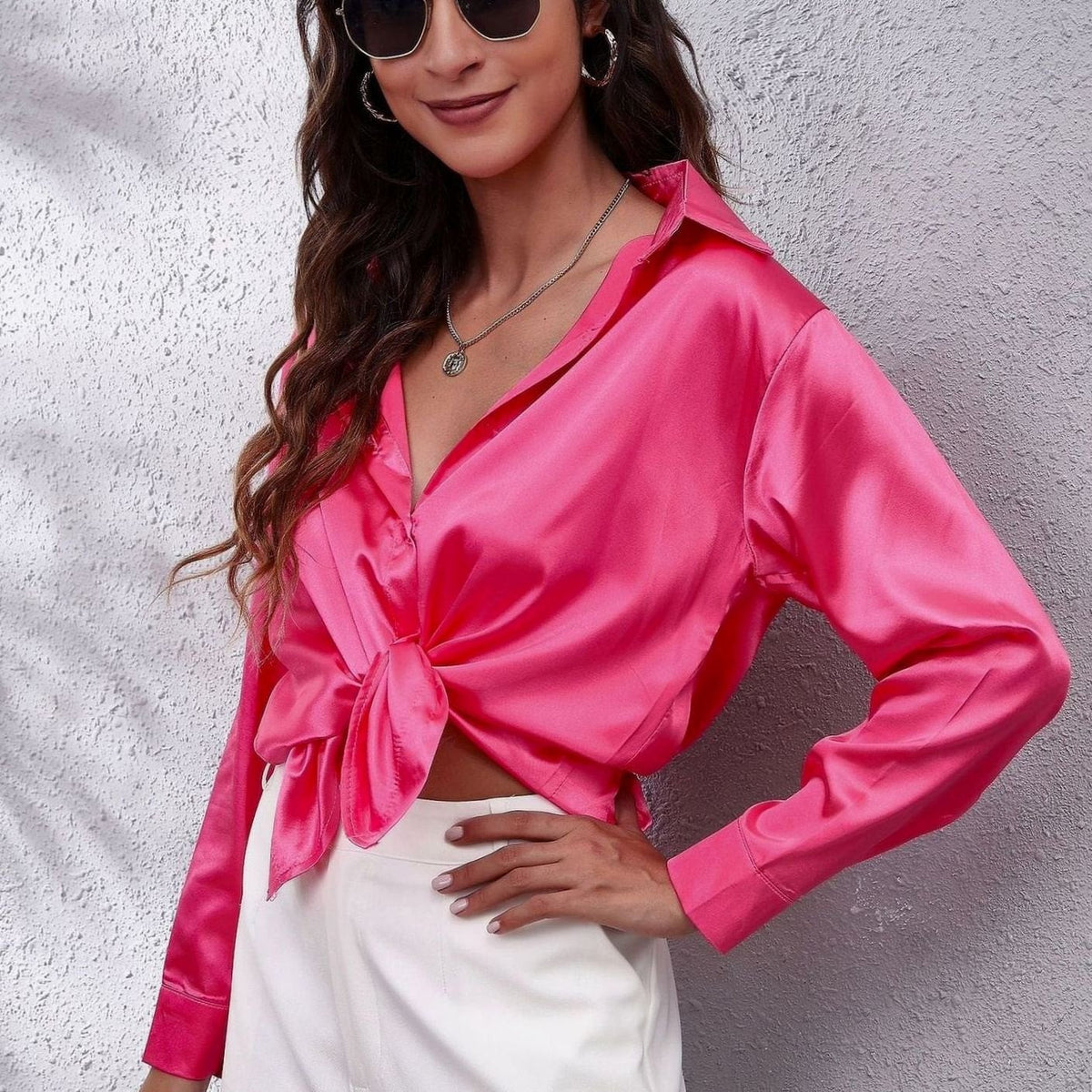 Sophia | Women's Loose-Fit Button-Down Long-Sleeve Satin Blouses