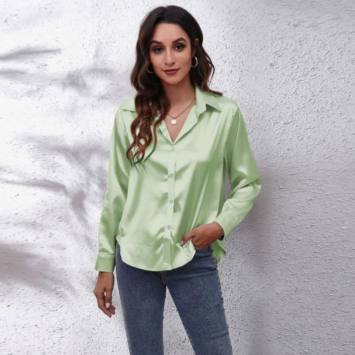 Sophia | Women's Loose-Fit Button-Down Long-Sleeve Satin Blouses